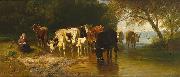 Christian Mali Magd mit Kuhen an der Tranke am See an einem sonnigen Fruhlingsmorgen, Munchen oil on canvas